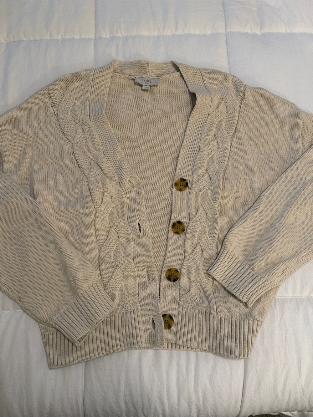 Loft Cream Cable-Knit Button Cardigan Sweater